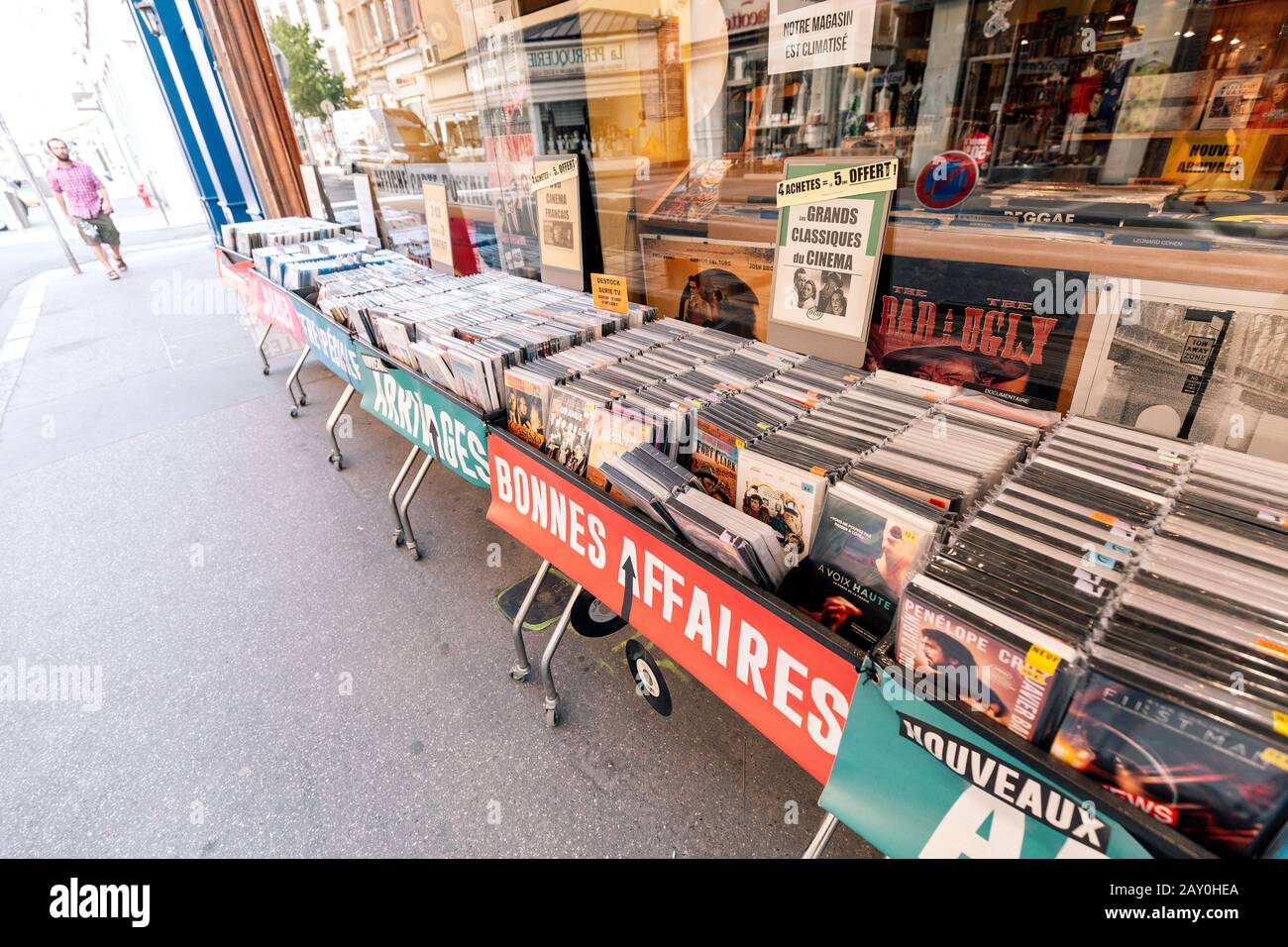 23 July 2019, Lyon, France: Old dvd movies for sale at outdoor flea market at the city street Stock Photo
