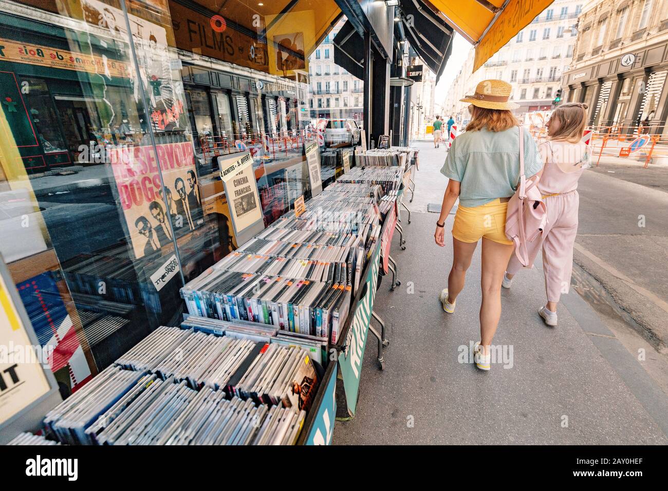 23 July 2019, Lyon, France: Old dvd movies for sale at outdoor flea market at the city street Stock Photo