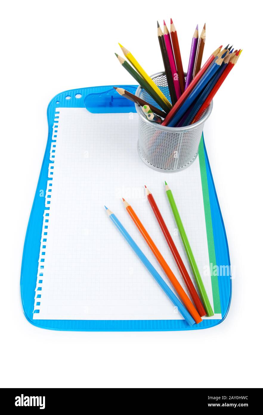 Binder and pencils isolated on the white background Stock Photo