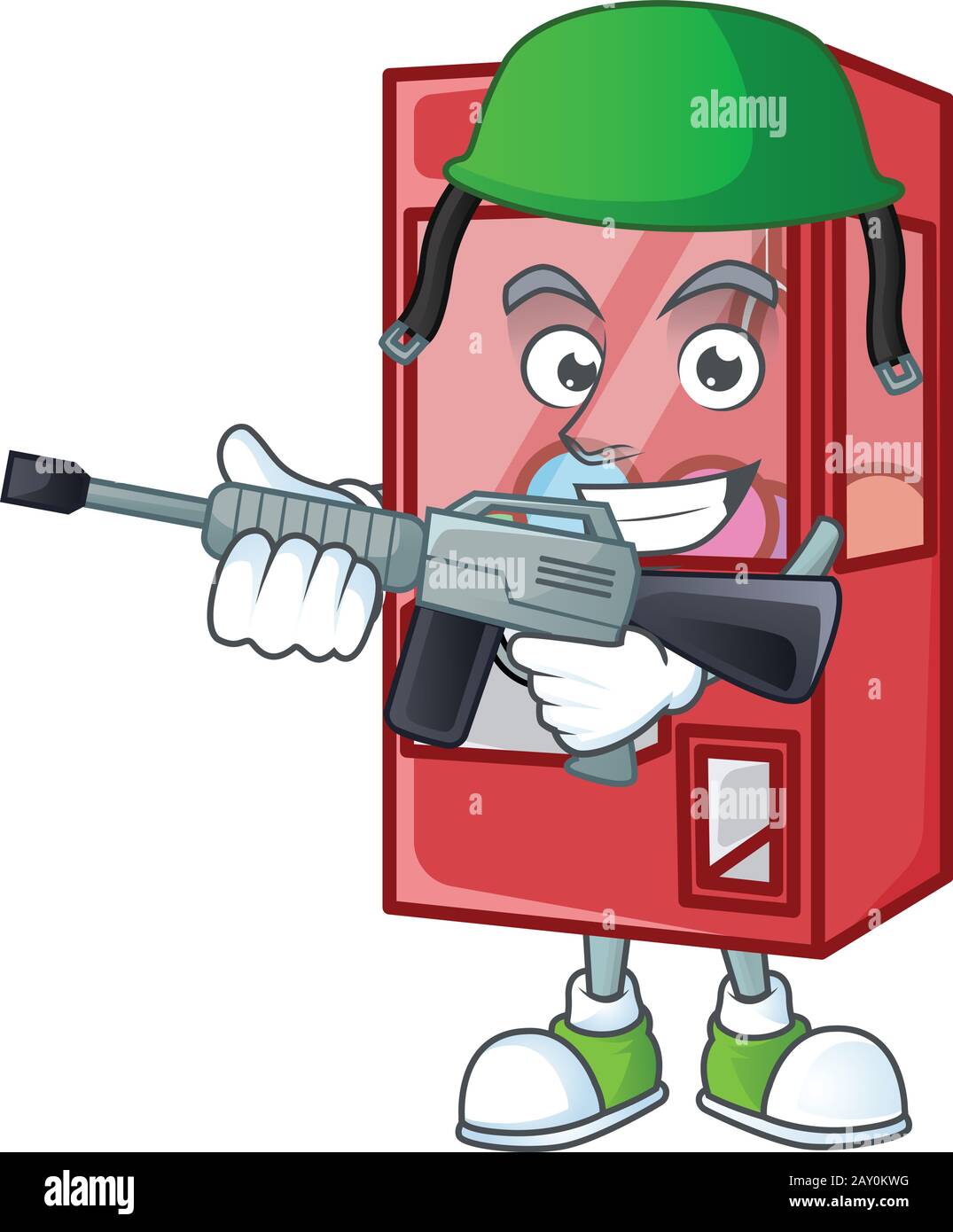Toy claw machine mascot design in an Army uniform with machine gun
