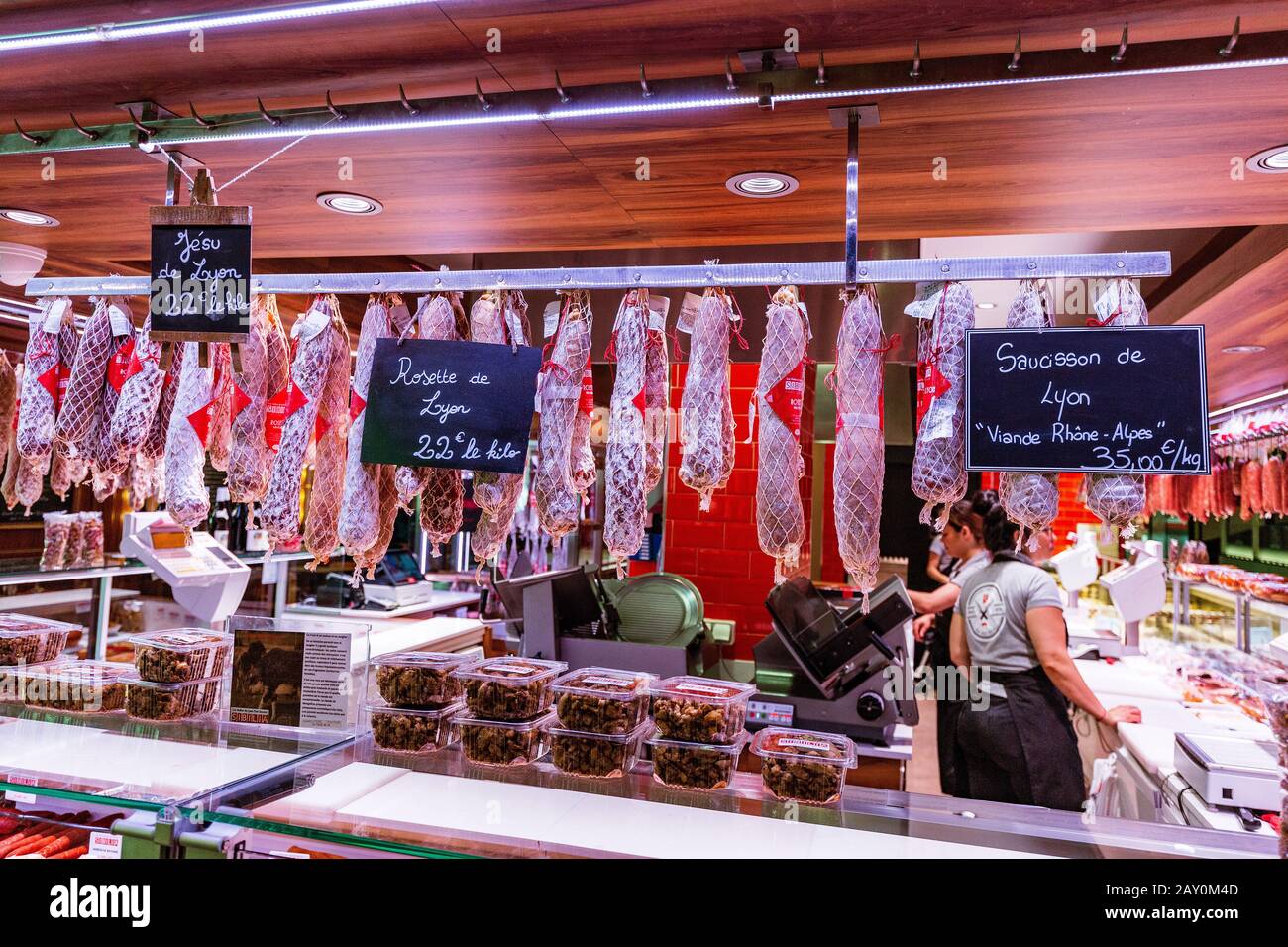 24 July 2019, Lyon, France: French saucisson sausages for sale at local market in Lyon Stock Photo