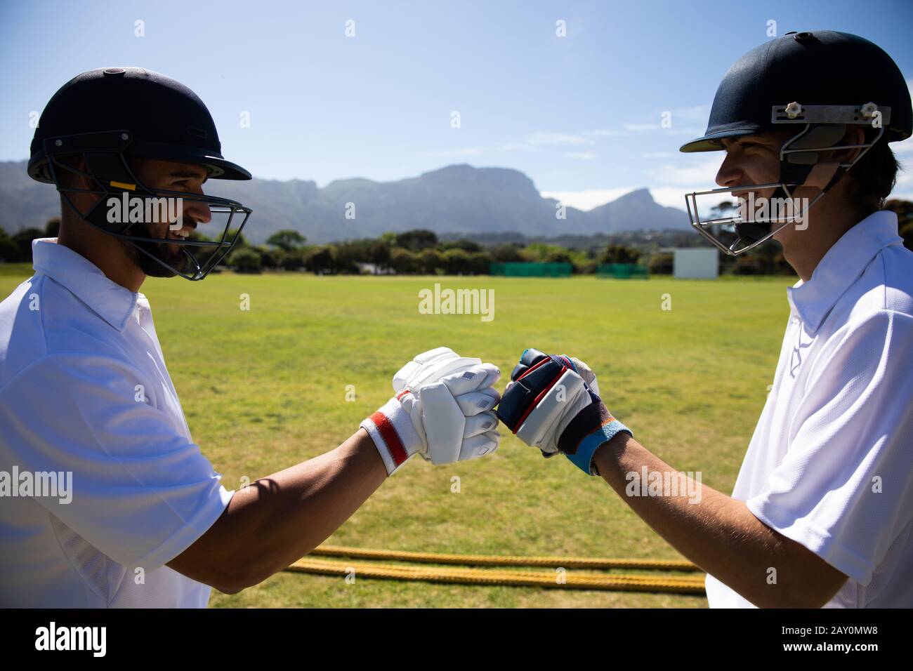Cricket players doing a check on a pitch Stock Photo