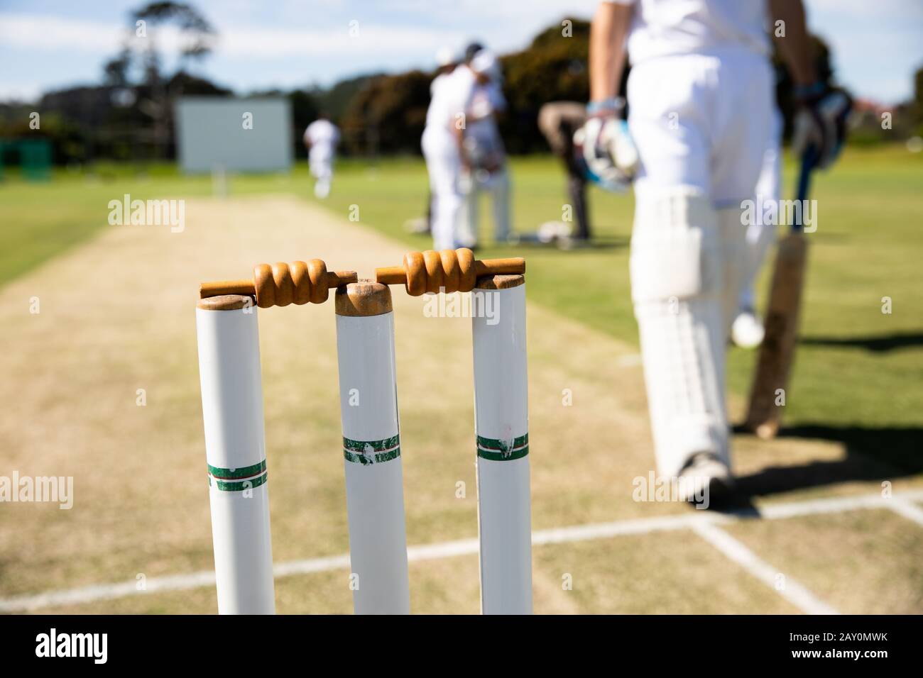 Close up view of cricket stumps on a cricket pitch Stock Photo