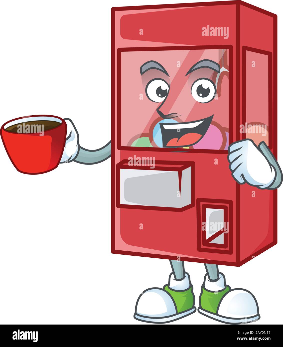 Cool toy claw machine cartoon character with a cup of coffee Stock