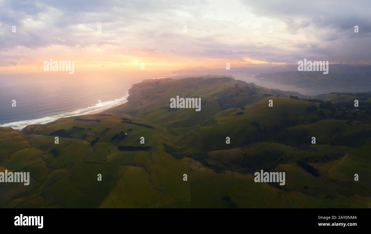 Aerial view of Otago Peninsula, Dunedin, South Island, New Zealand Stock Photo