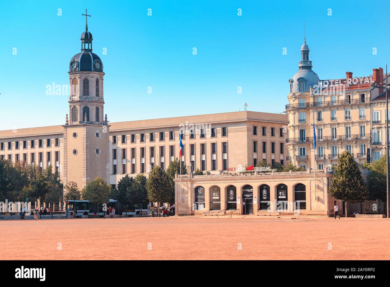 24 July 2019, Lyon, France: Panoramic view of Bellecour square and Charity tower Stock Photo