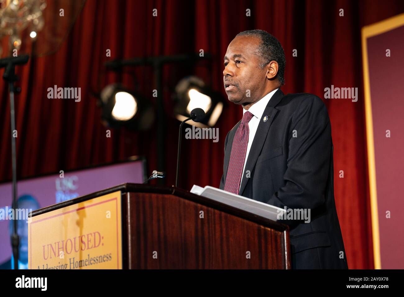 Los Angeles, United States. 13th Feb, 2020. US Secretary of the Department of Housing and Urban Development Ben Carson speaks during a Homelessness Symposium at USC in Los Angeles. The event was held at the USC Schwarzenegger Institute and examined solutions to homelessness in California. Credit: SOPA Images Limited/Alamy Live News Stock Photo