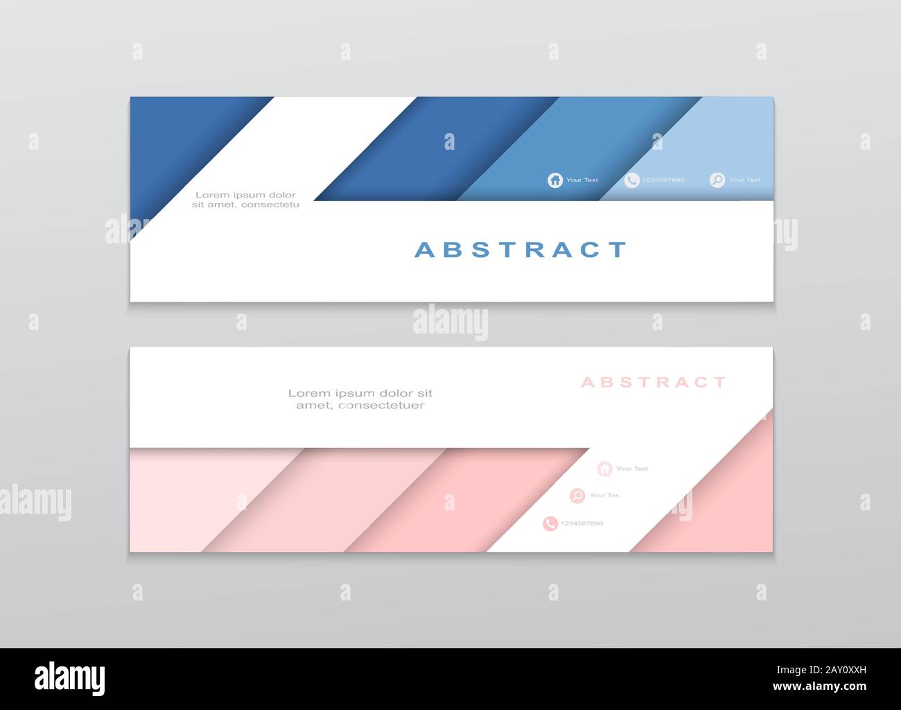 3d vector abstract banner template. Horizontal web banner, modern dynamic design. Creative design of papercut style blue-pink colored banners on gray Stock Vector