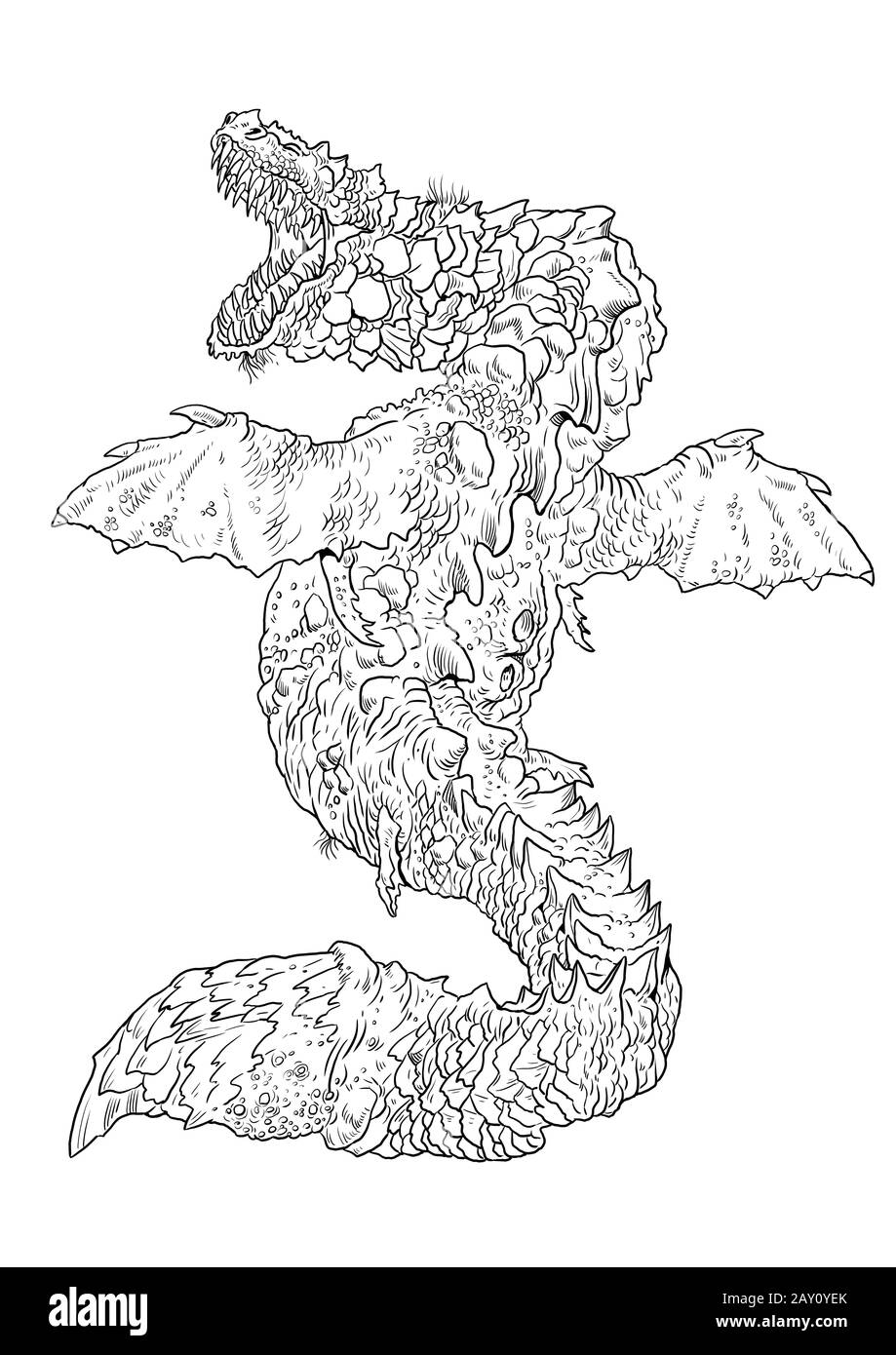 Underwater dragon coloring page. Outline illustration. Dragon drawing coloring sheet. Stock Photo