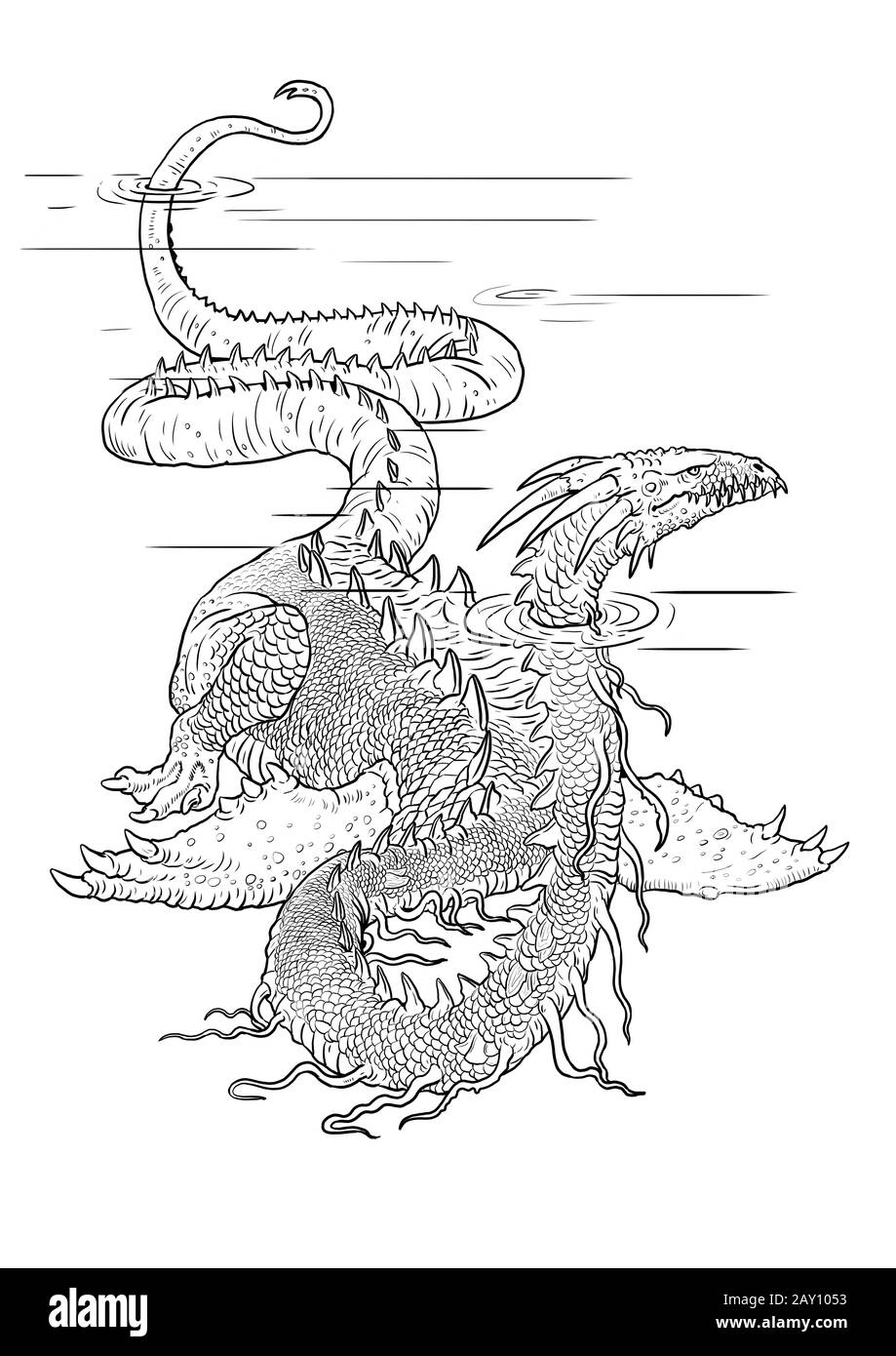 Underwater dragon coloring page. Outline illustration. Dragon drawing coloring sheet. Stock Photo