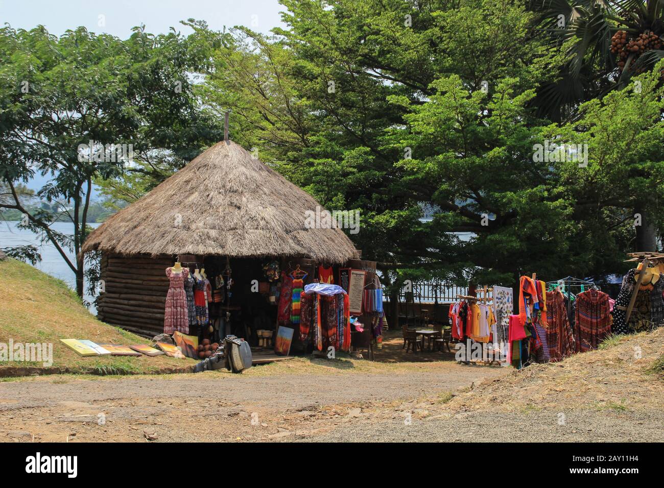 Jinja, Uganda - January 20, 2015: souvenir shops near the source of the Nile River. Stock Photo