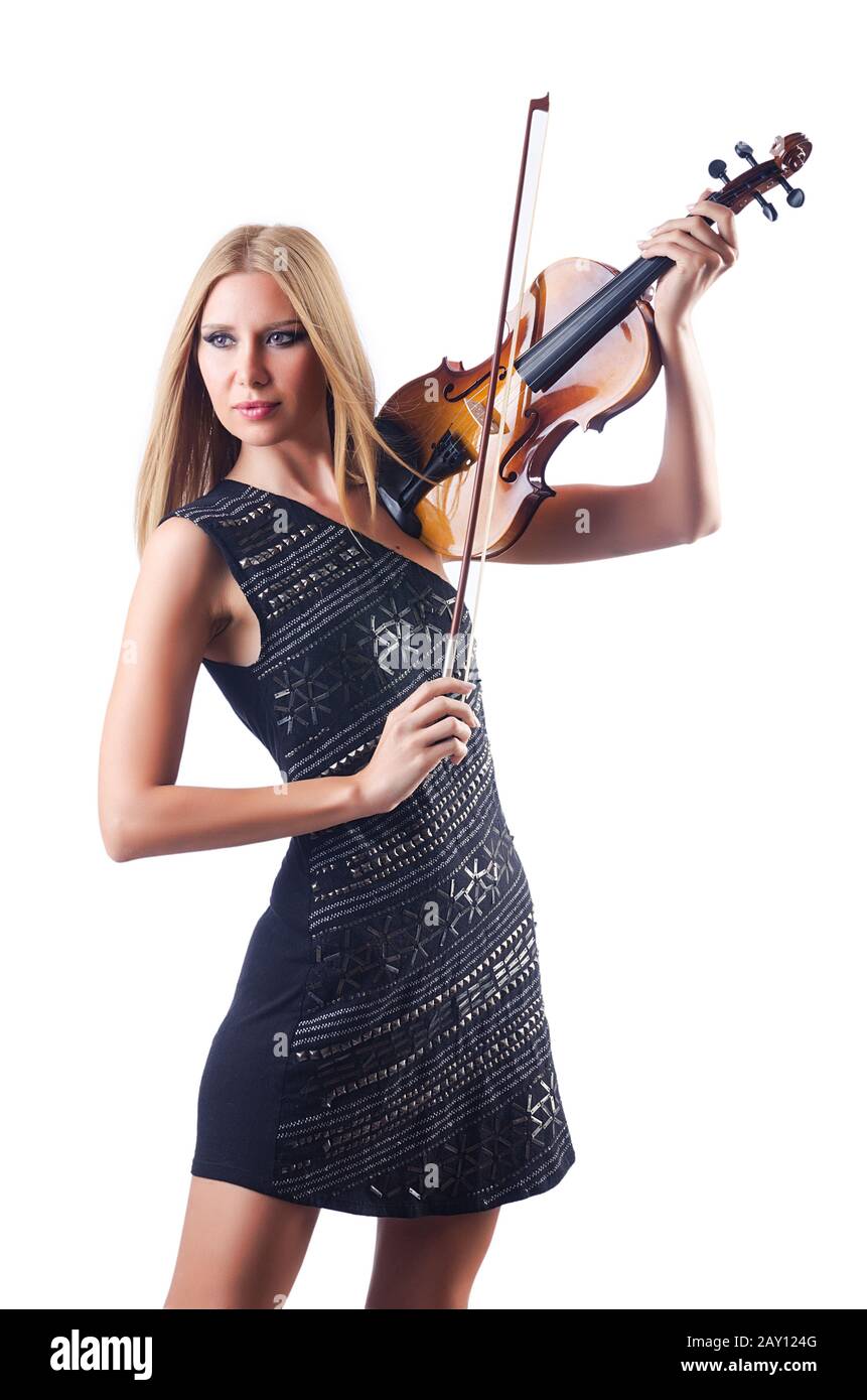 Young woman playing violin on white Stock Photo - Alamy