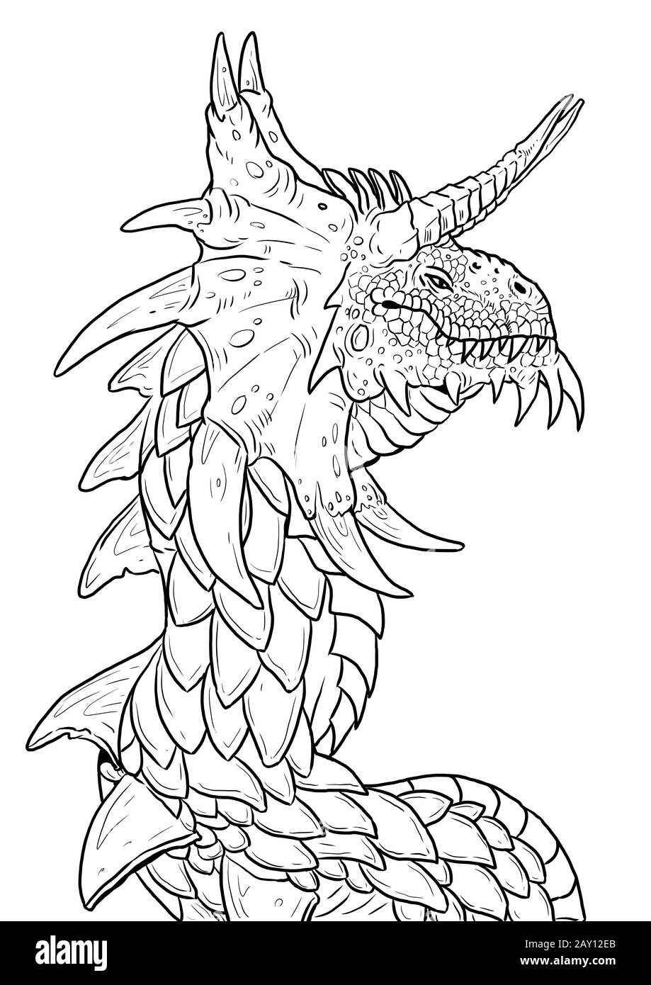 Dragon coloring page. Outline illustration. Dragon drawing coloring sheet. Stock Photo