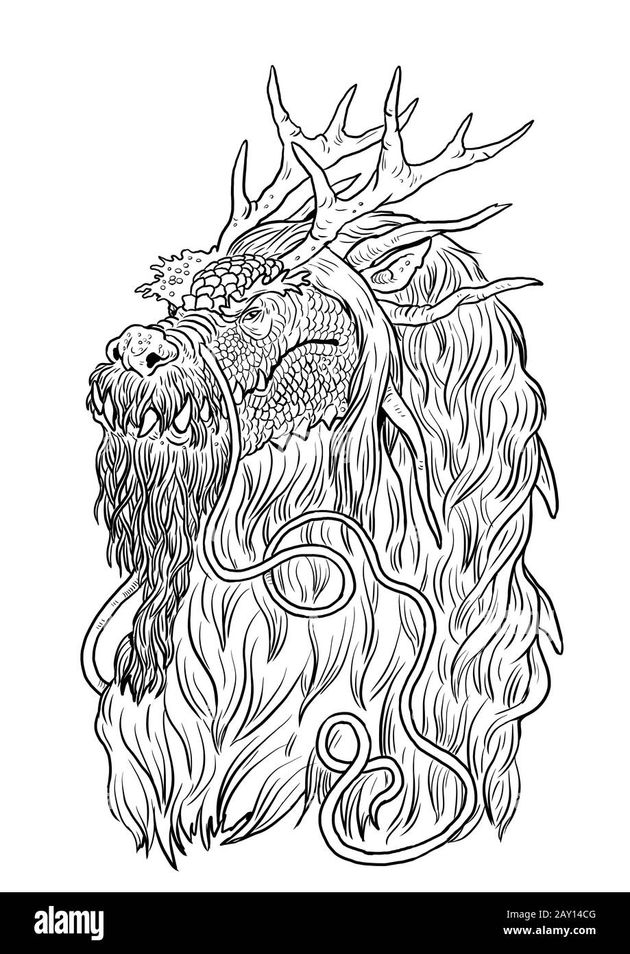 Chinese dragon long coloring page. Outline illustration. Dragon drawing coloring sheet. Stock Photo