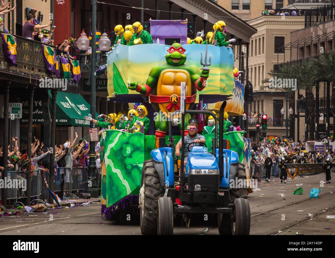 Teenage Mutant Ninja Turtle Float, presented by Krewe Iris, Mardis Gras 2019. New Orleans, Lousiana Stock Photo