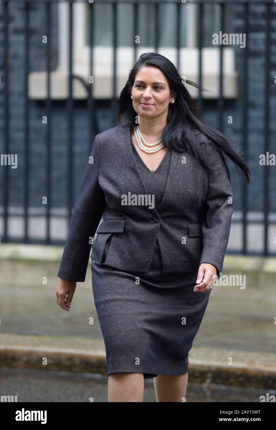 Priti Patel MP in Downing Street on the day she retained her job as Home Secretary during a cabinet reshuffle, 13th Feb 2020 Stock Photo