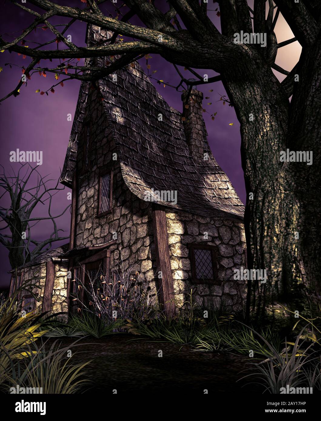 Old cottage under an even older oak tree at moonlight night, halloween ...
