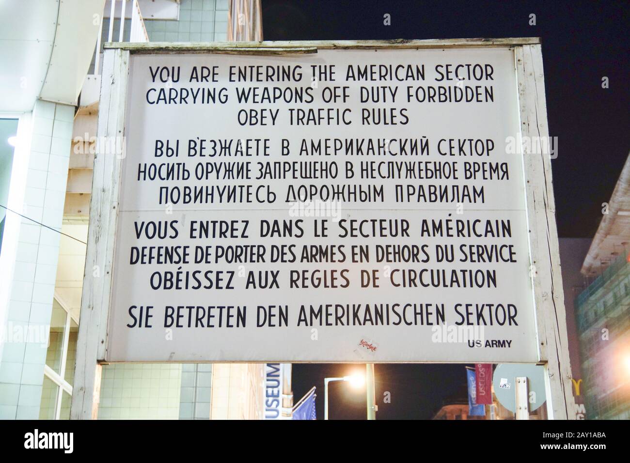 Information sign by Checkpoint Charlie in Berlin, Stock Photo