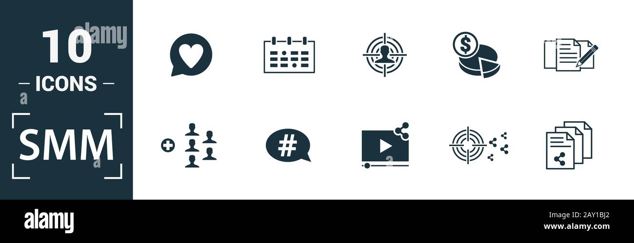 Smm icon set. Include creative elements content, copywriting, user ...