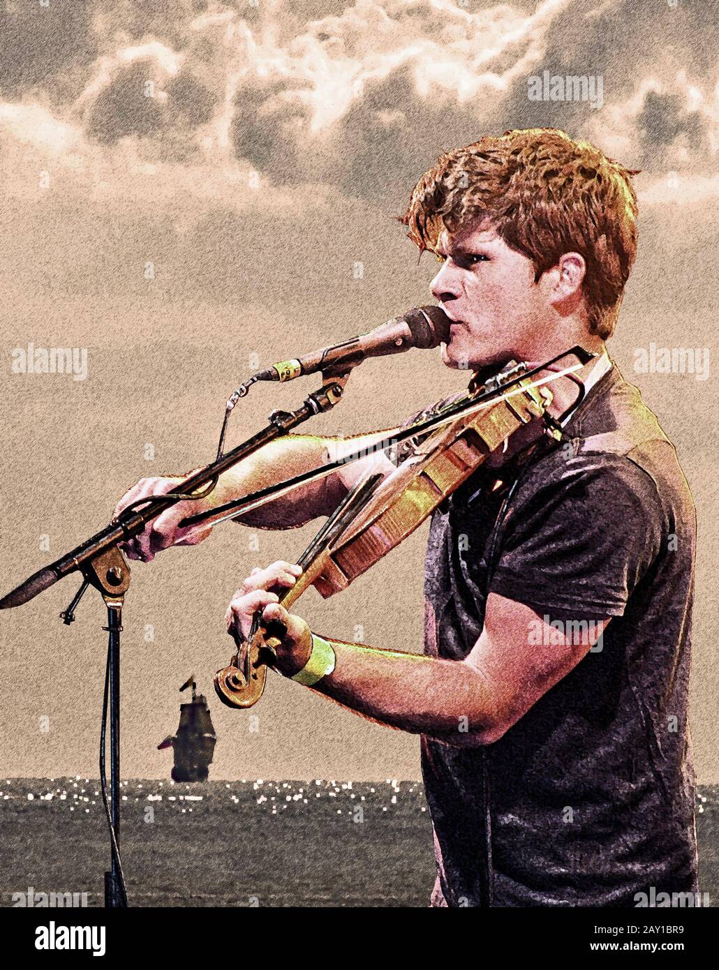 Seth Lakeman, folk singer and writer in a photo illustration image with sailing ship in background Stock Photo