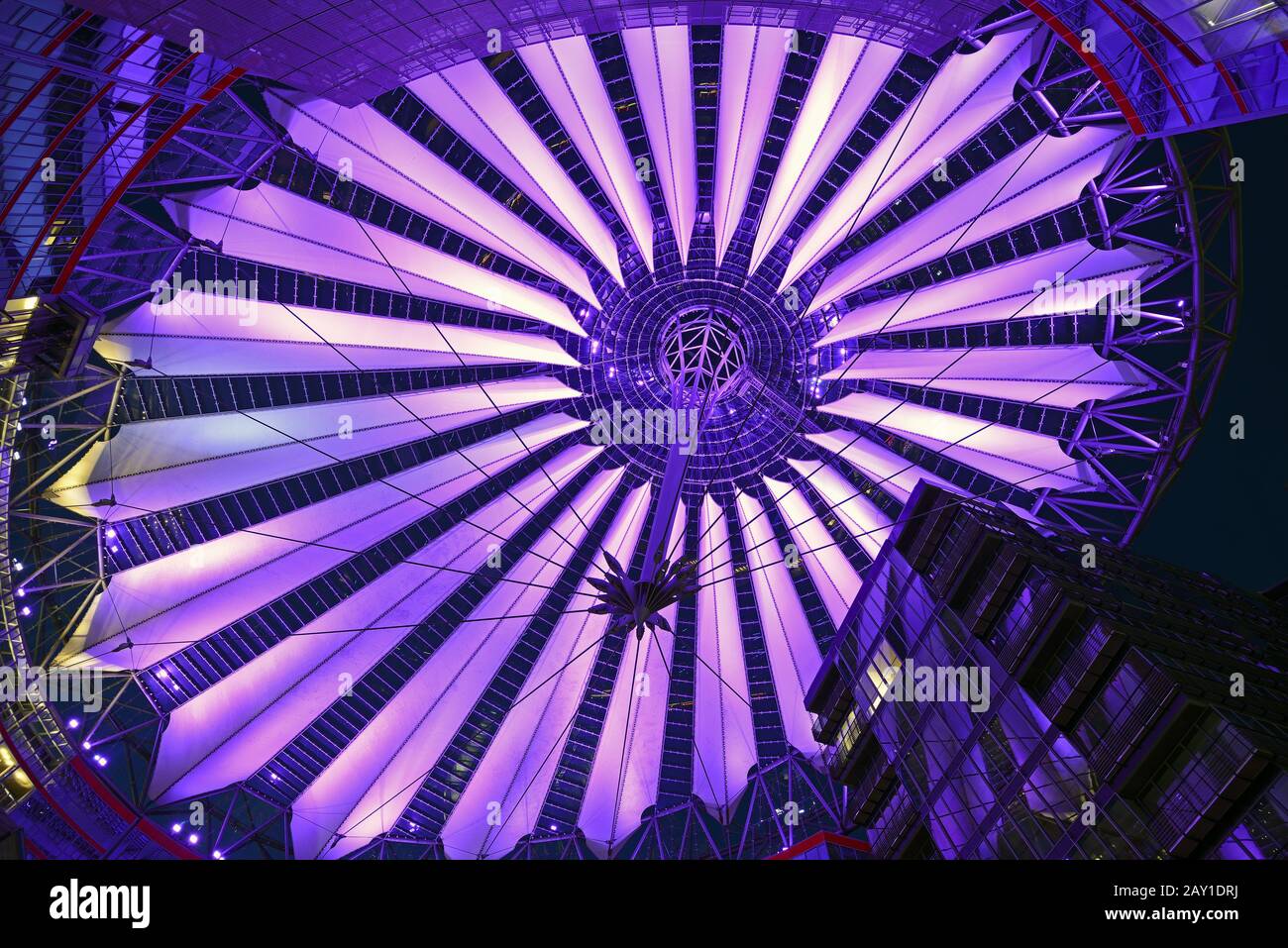 Inner courtyard area and roof of the Sony Center in the evening at Potsdam P Stock Photo