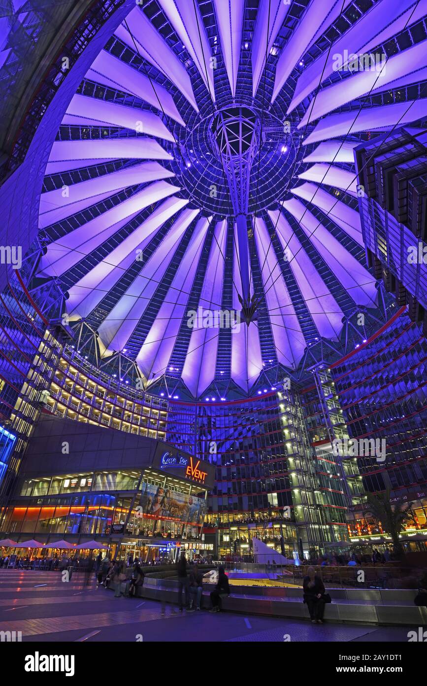 Inner courtyard area and roof of the Sony Center in the evening at Potsdam P Stock Photo