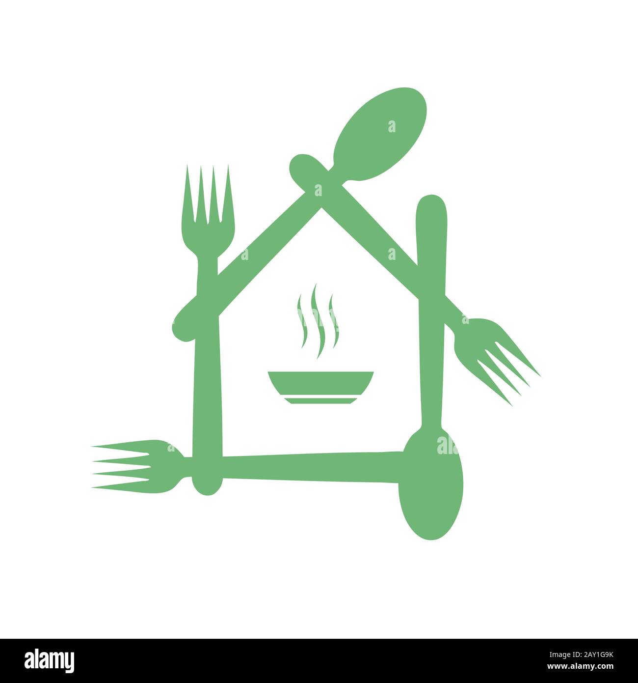 Organic or vegetarian food serving cafe logo with green forks and