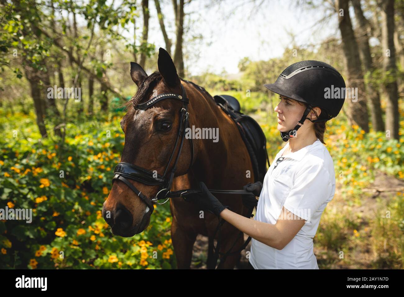 Caucasian woman with her horse Stock Photo