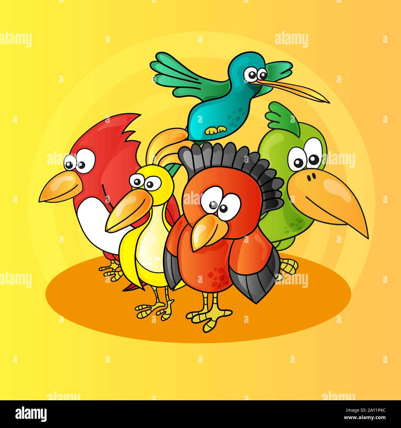 Illustration of funny cartoon characters birds on yellow background Stock  Vector Image & Art - Alamy