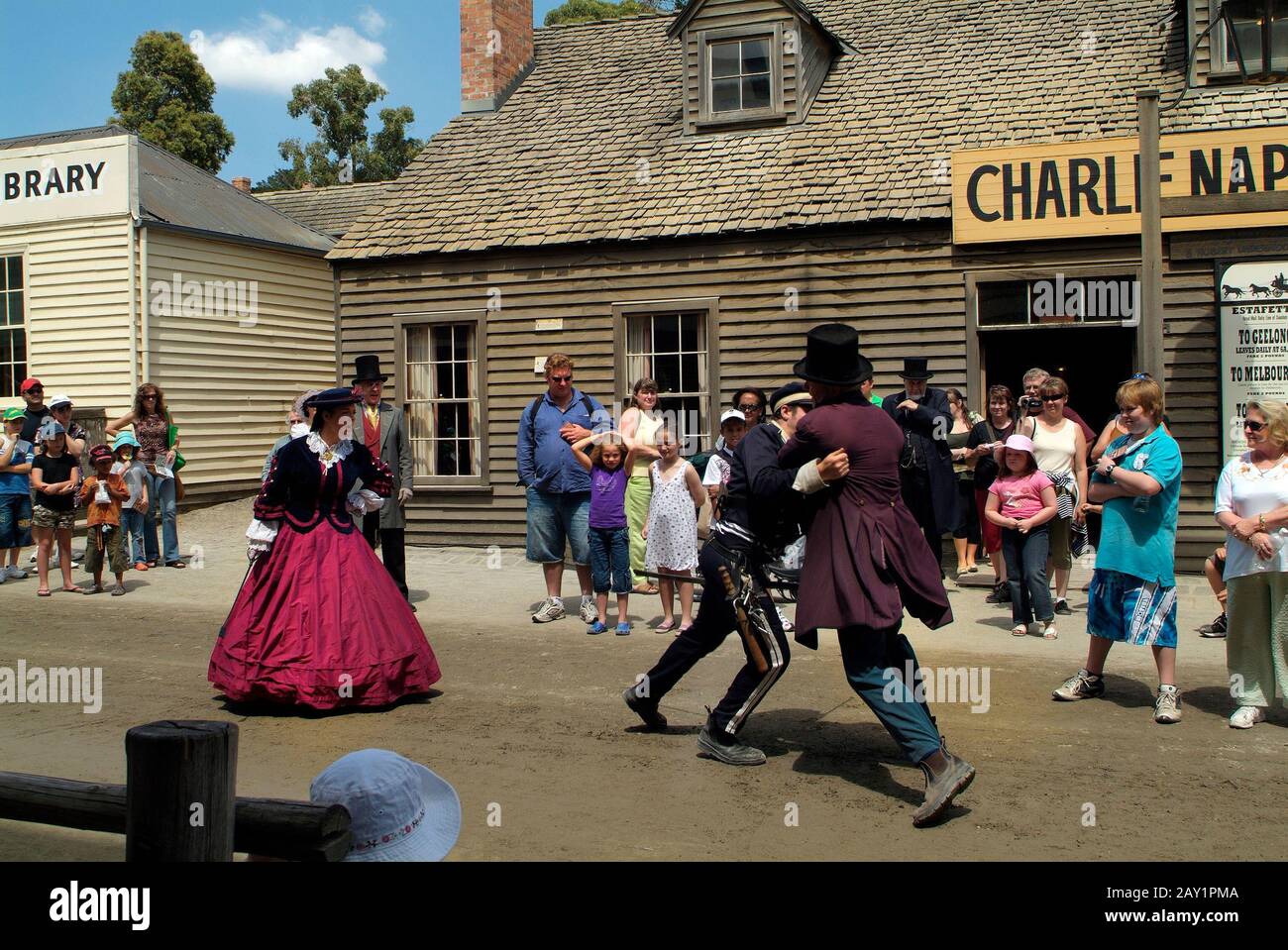 Ballarat, Australia - January 23rd 2008: Unidentified people and actors on Sovereign Hill, rebuilt gold digger village and preferred tourist attraction Stock Photo