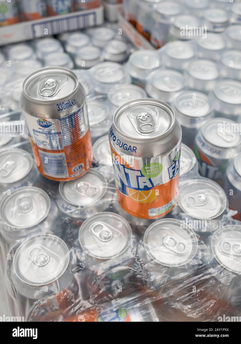Stack 24pack cartons of Fanta Zero sugar soft drink on display in UK