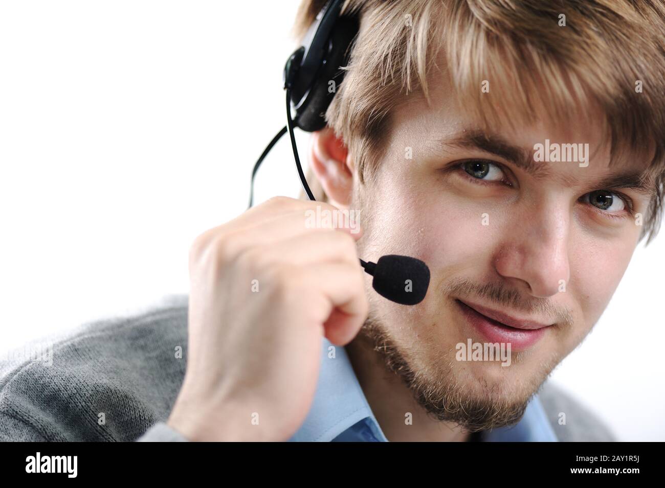 Attractive blond support person Stock Photo