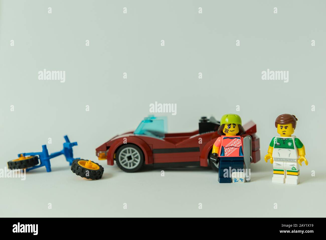 Florianopolis - Brazil, February 2, 2020: minifigure of cyclist and car driver next to the bicycle accident. Selective focus. Minifigures are manufact Stock Photo