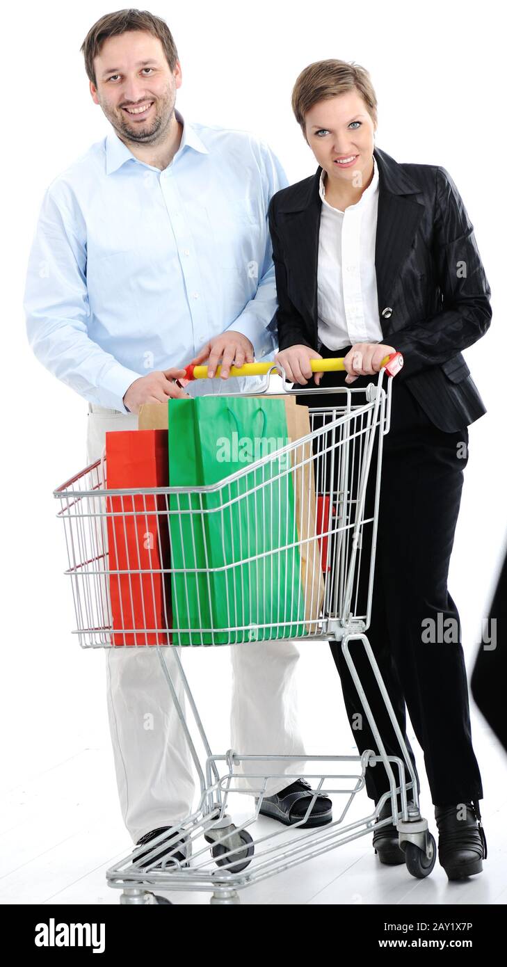 couple shopping together with cart Stock Photo