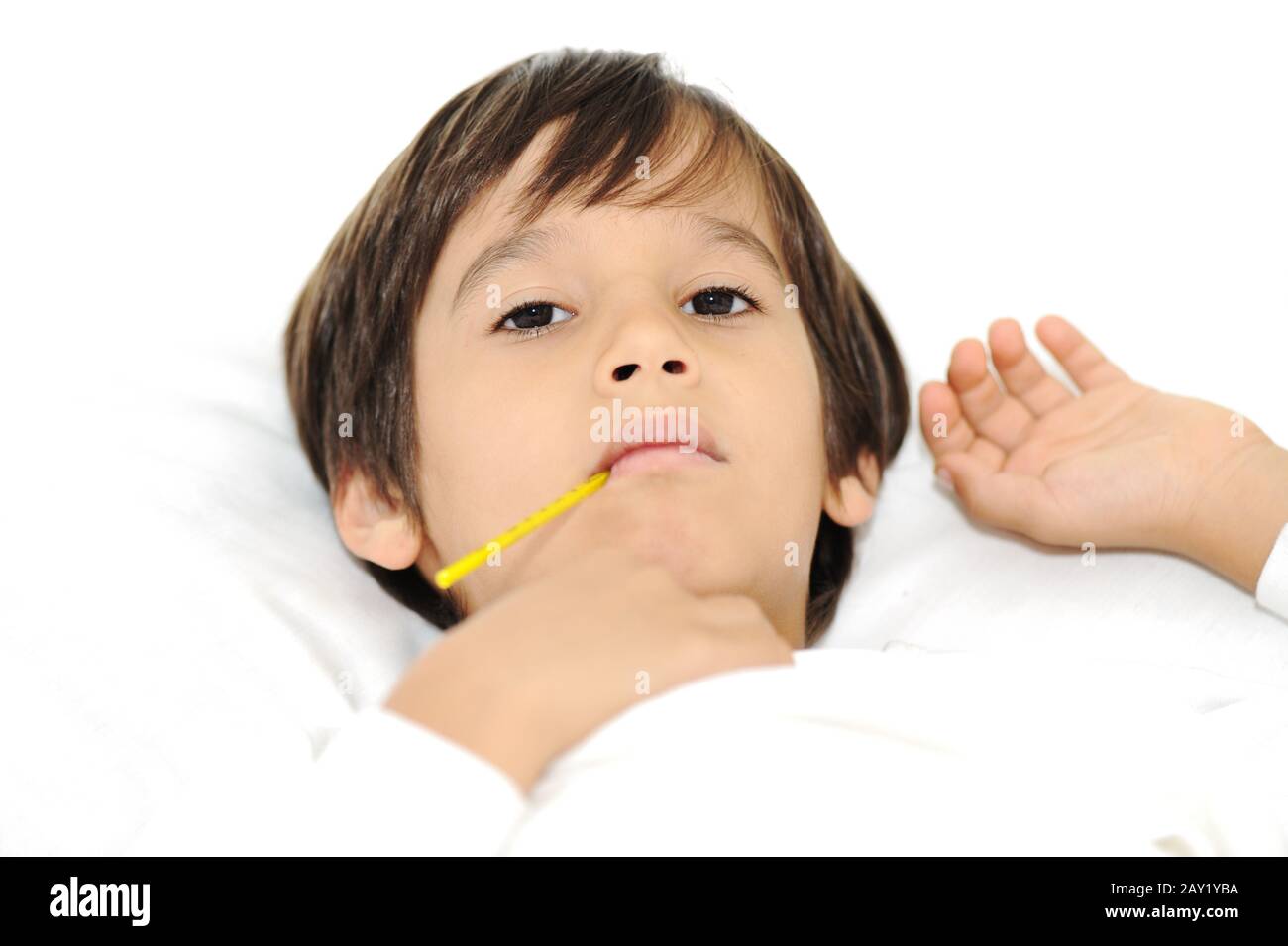 Sick little boy with thermometer Stock Photo Alamy