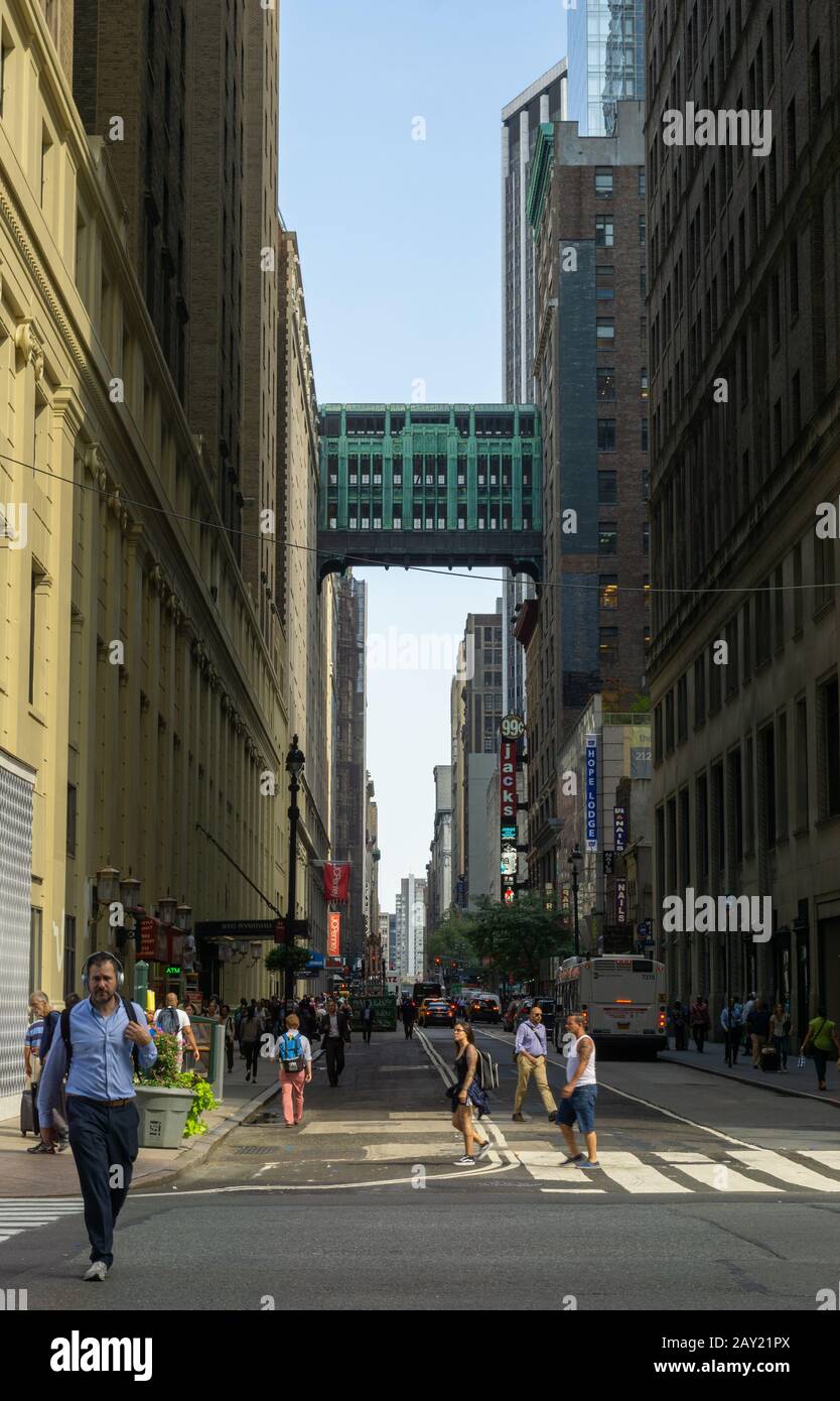 New York, USA - August 20, 2018: West 32nd Street where there is a secondary entrance to the Pennsylvania Hotel and Gimbel's Bridge Stock Photo