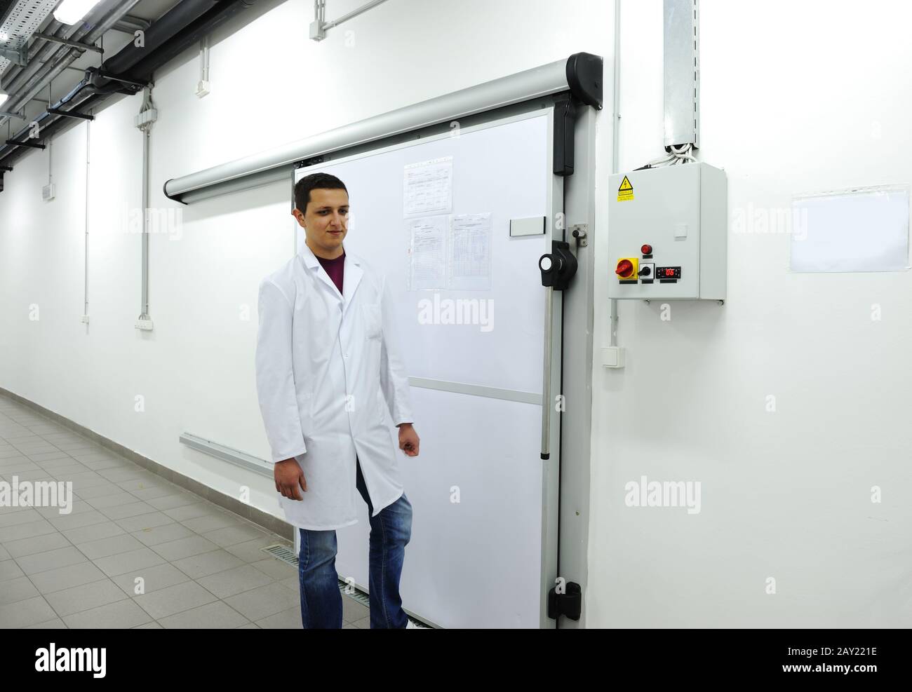 Young worker opening  door of industrial refrigerator Stock Photo