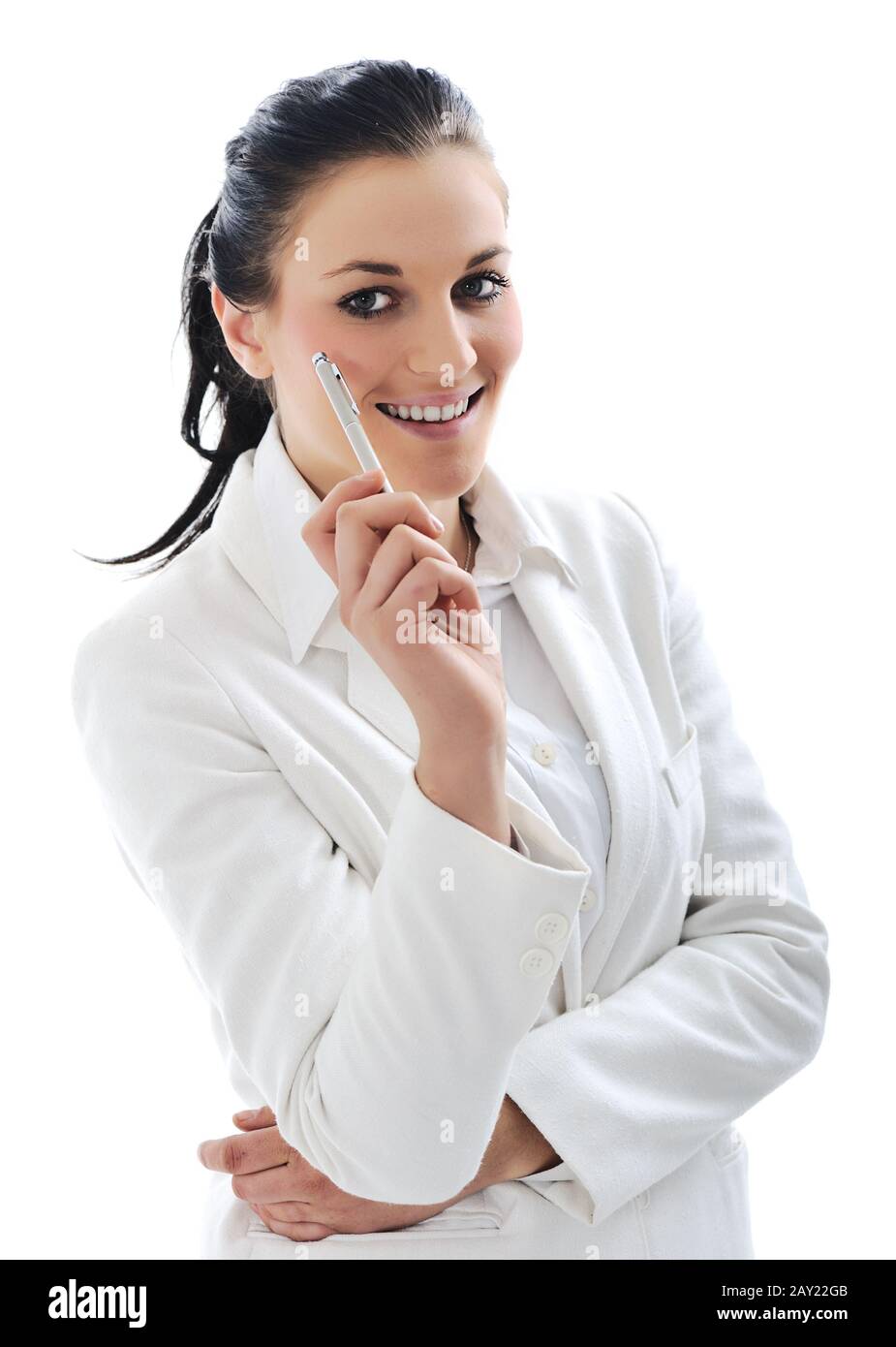 Young business woman wearing white suit Stock Photo - Alamy
