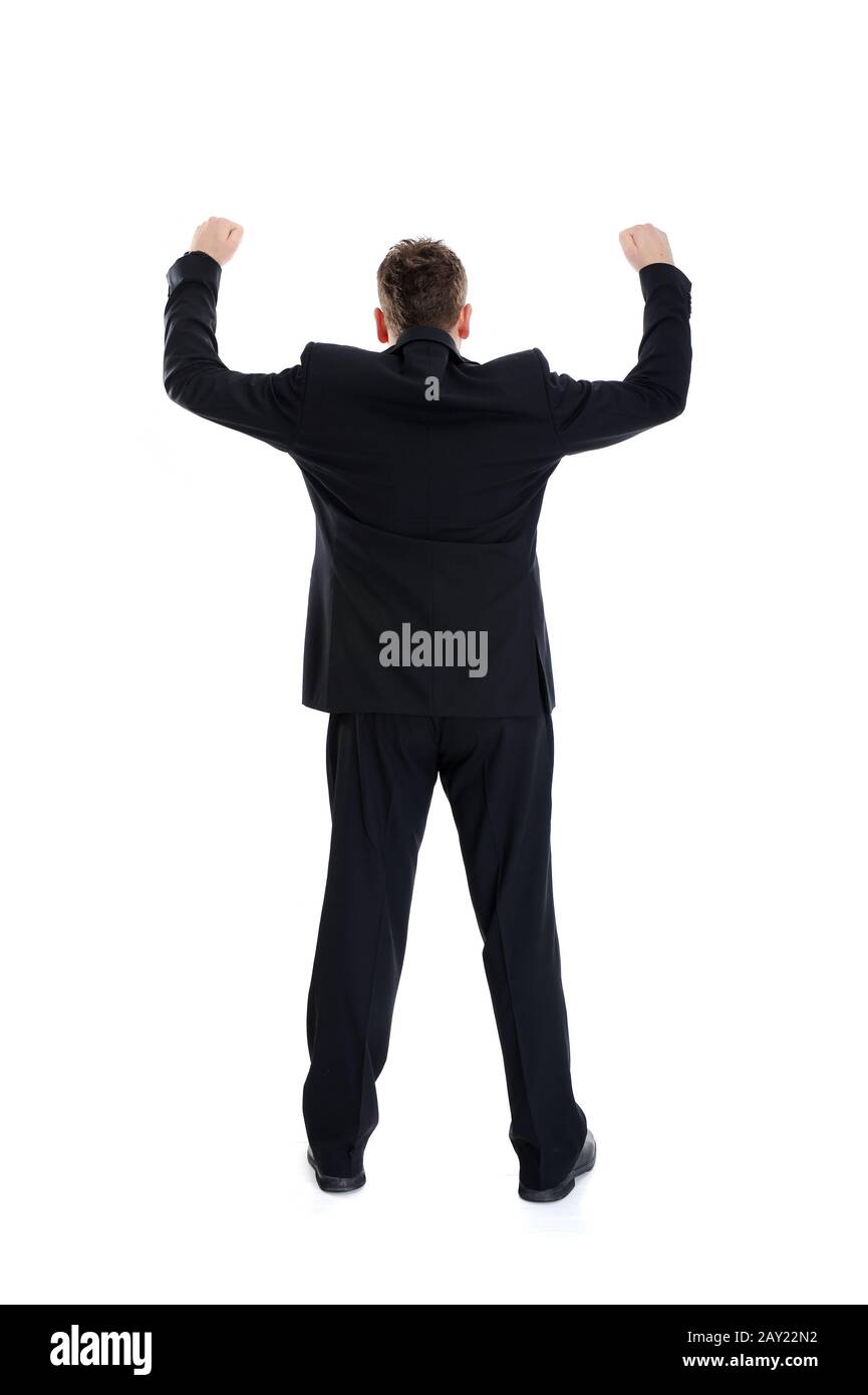 Full length portrait of businessman standing back with arms wide open