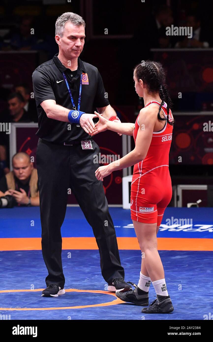 Rome, Italy. 13th Feb, 2020. European Championships Women's Wrestling 50kg. The Bulgarian Selishka wins the 50kg category, behind her the Ukrainian Livach, the Russian Dadasheva and the Belarusian Stankevich. (Photo by Domenico Cippitelli/Pacific Press) Credit: Pacific Press Agency/Alamy Live News Stock Photo