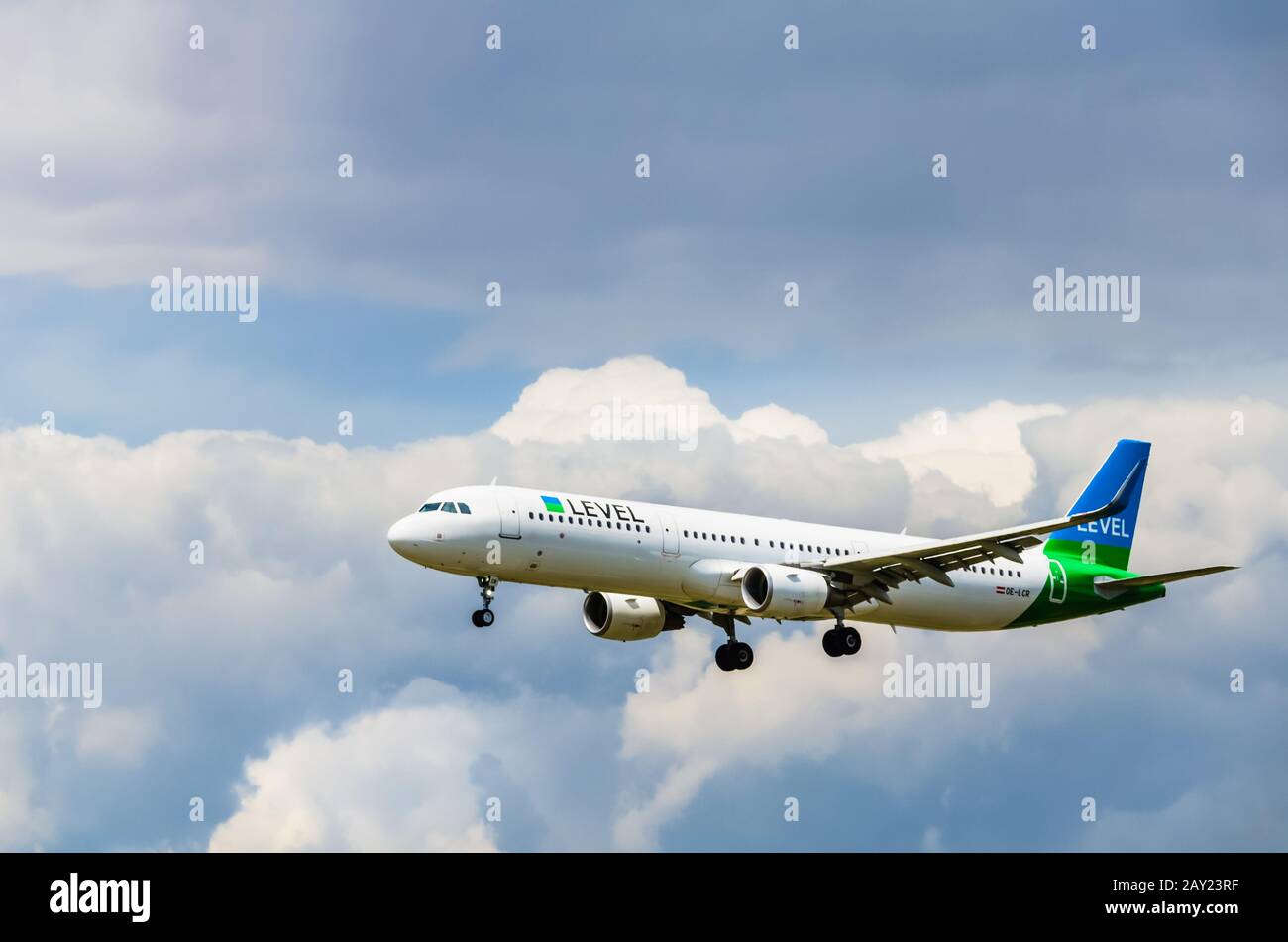 Barcelona, Spain; May 18, 2019: Airbus A320 plane of the company Level, landing at El Prat Airport in Barcelona Stock Photo