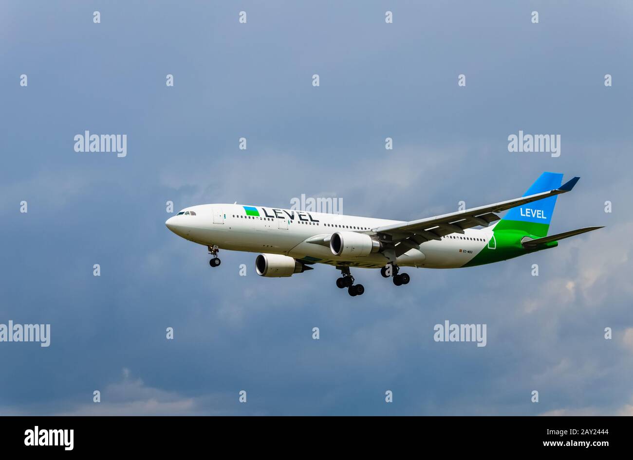 Barcelona, Spain; May 18, 2019: Airbus A320 plane of the company Level, landing at El Prat Airport in Barcelona Stock Photo
