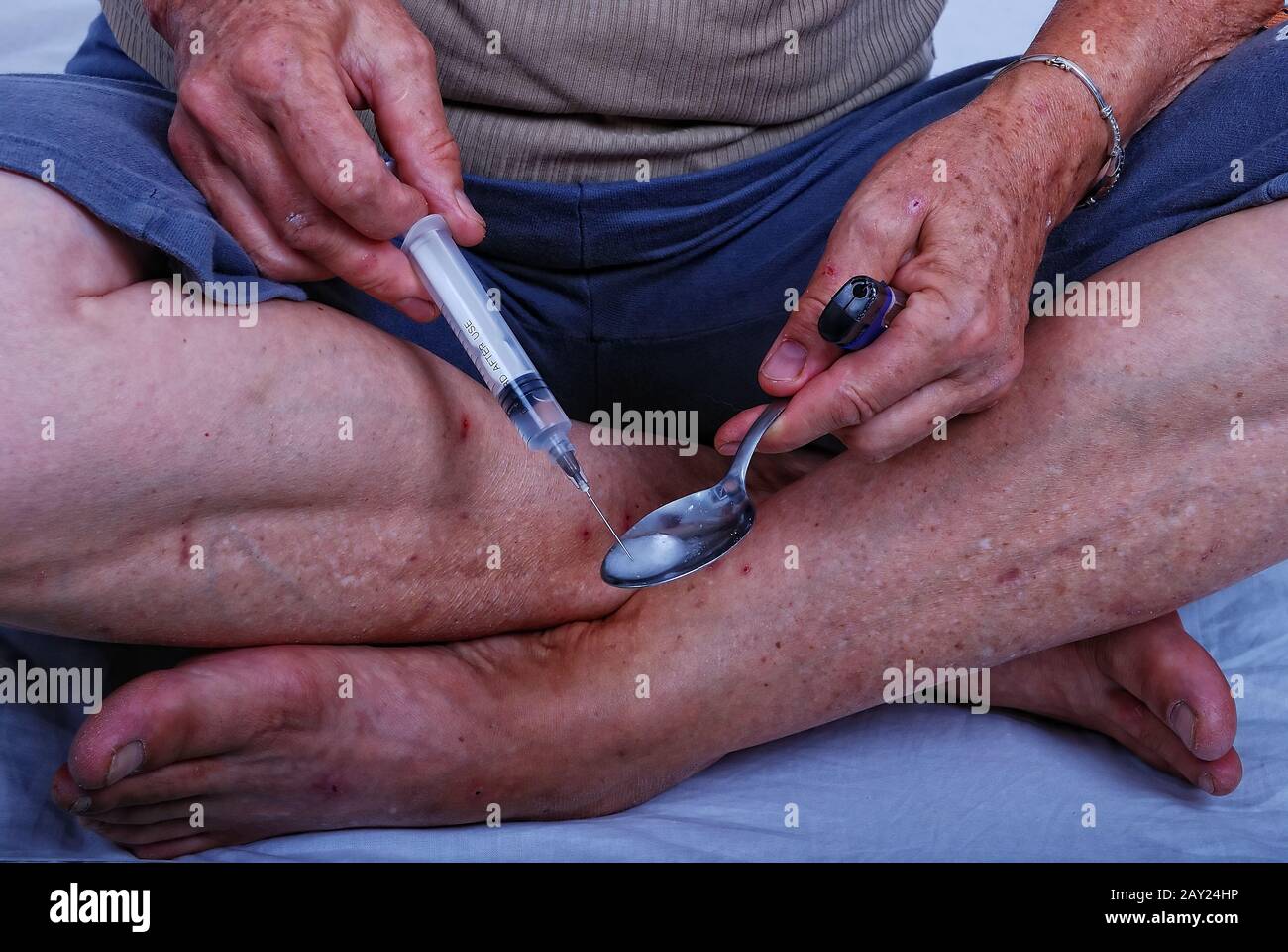 Drugs addict activities and some used tools Stock Photo - Alamy
