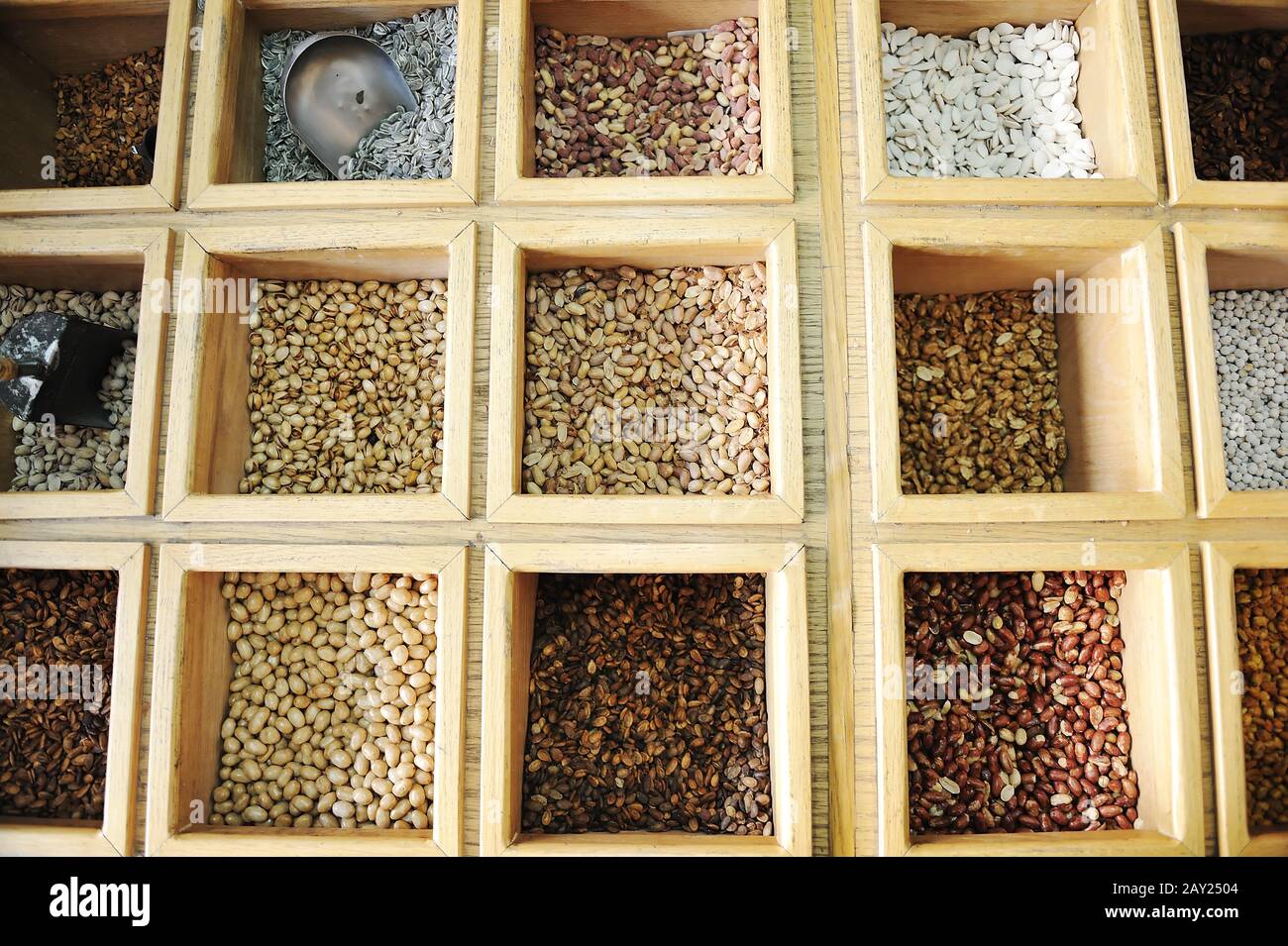 Assorted nuts in wooden box Stock Photo