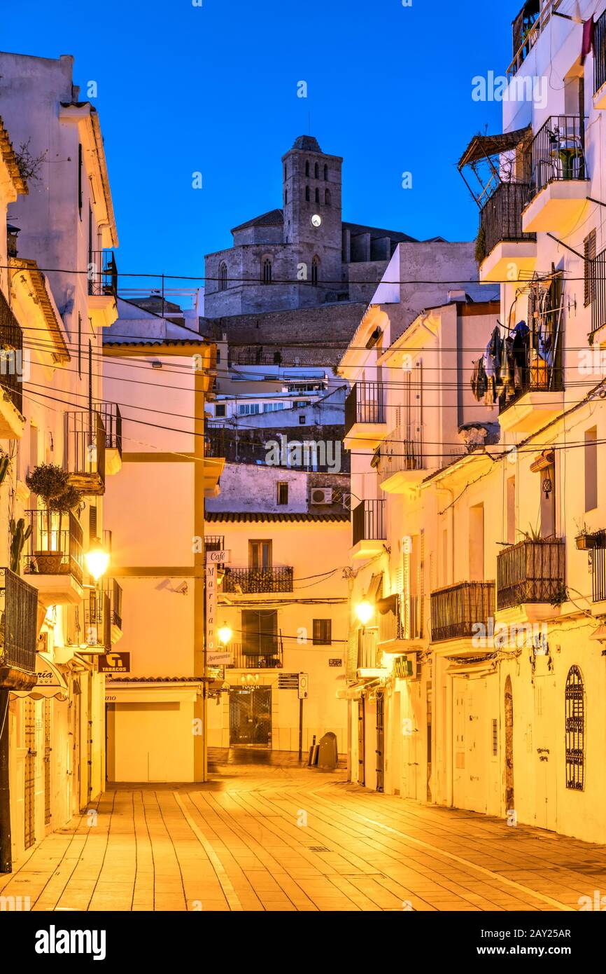 Dalt Vila old town by night, Ibiza, Balearic Islands, Spain Stock Photo