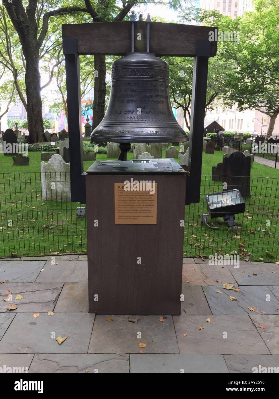 New York, USA - August 20, 2018: The Bell of Hope at St. Paul's Chapel of Trinity Church was installed in the churchyard in September 2002 in remembra Stock Photo