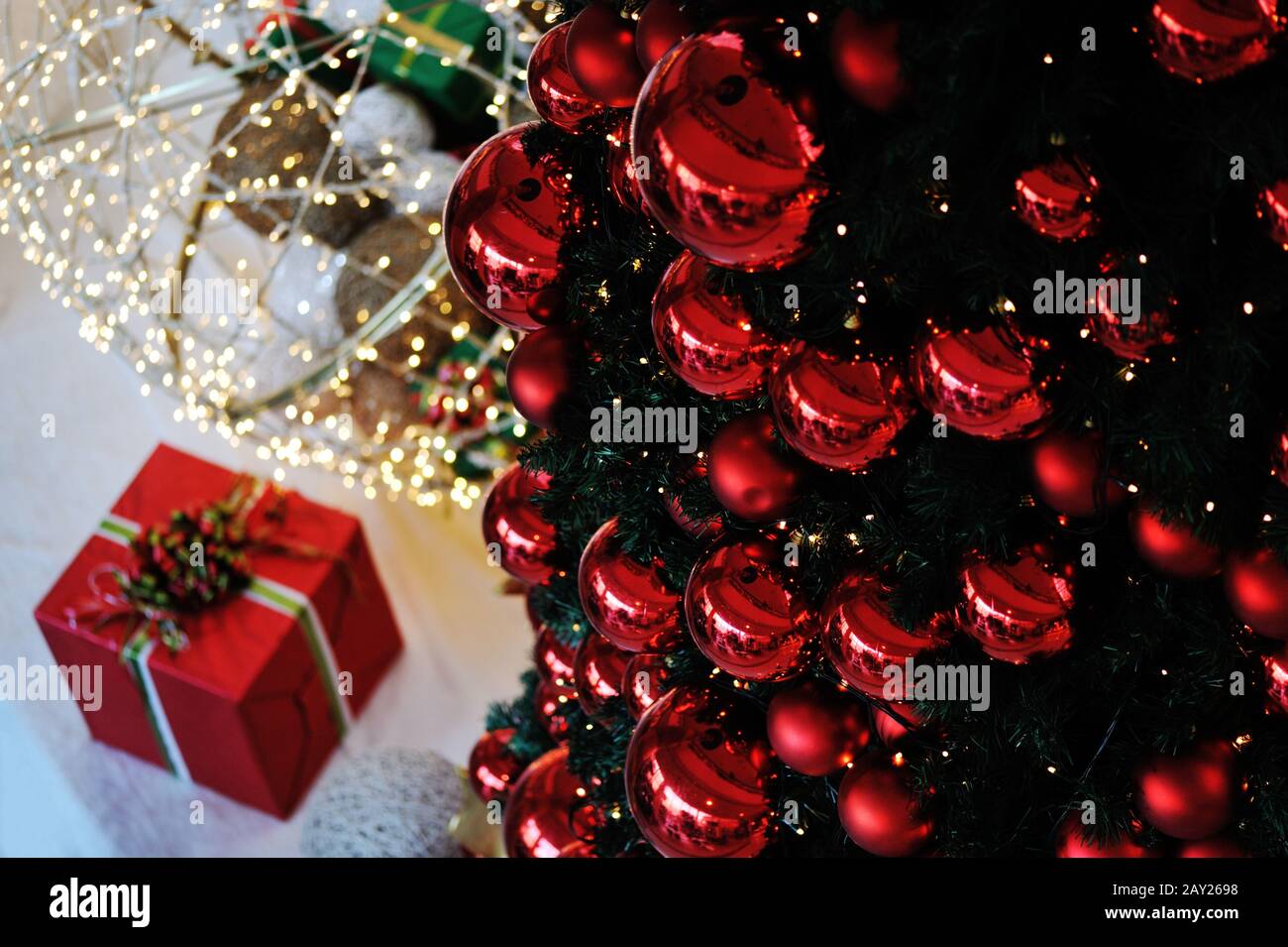 Christmas background with various of gifts and green fir tree Stock ...
