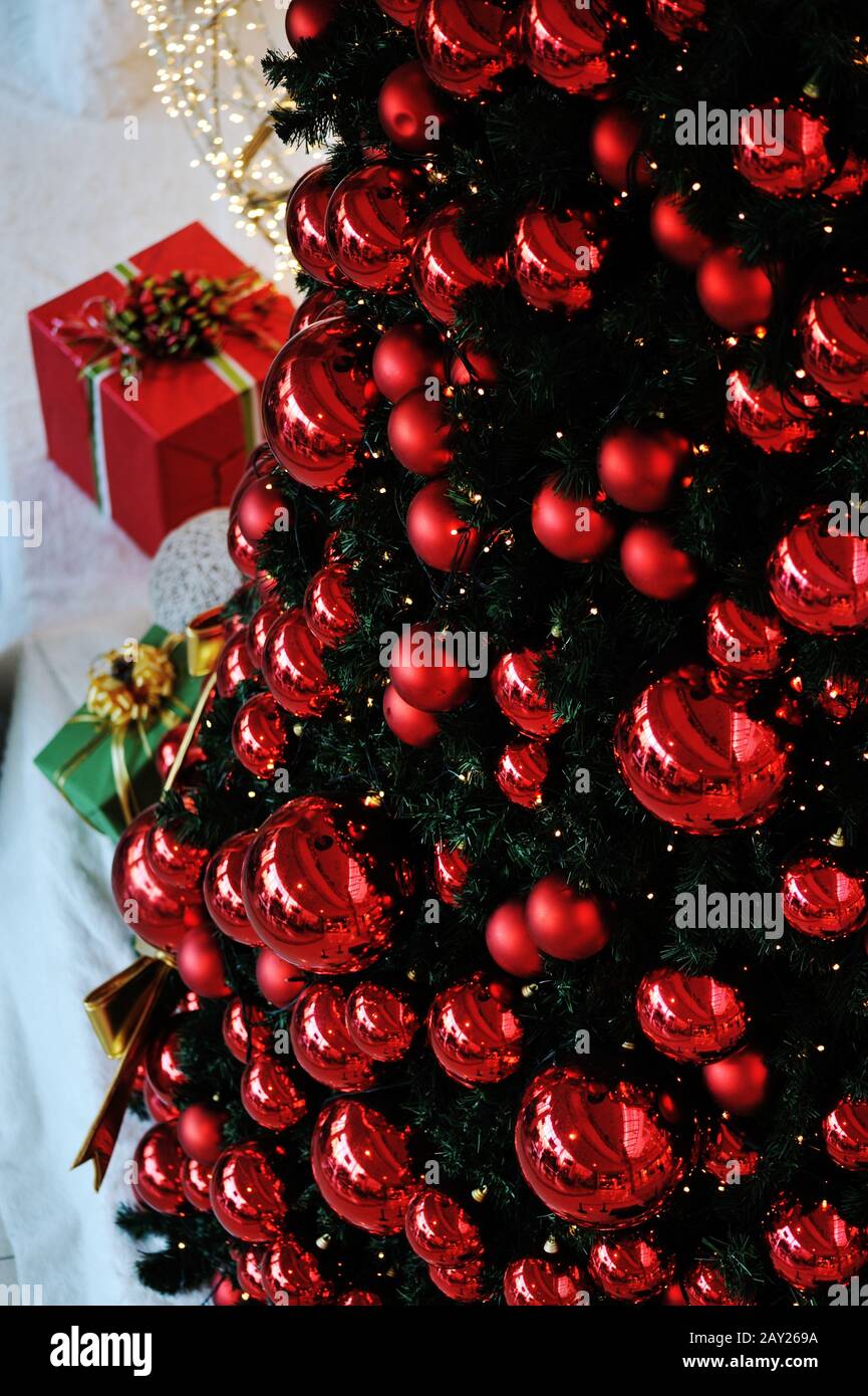 Christmas background with various of gifts and green fir tree Stock ...