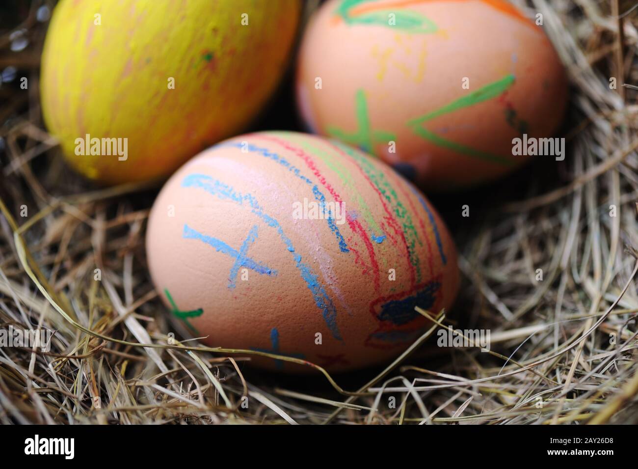 Easter colorful eggs in basket Stock Photo