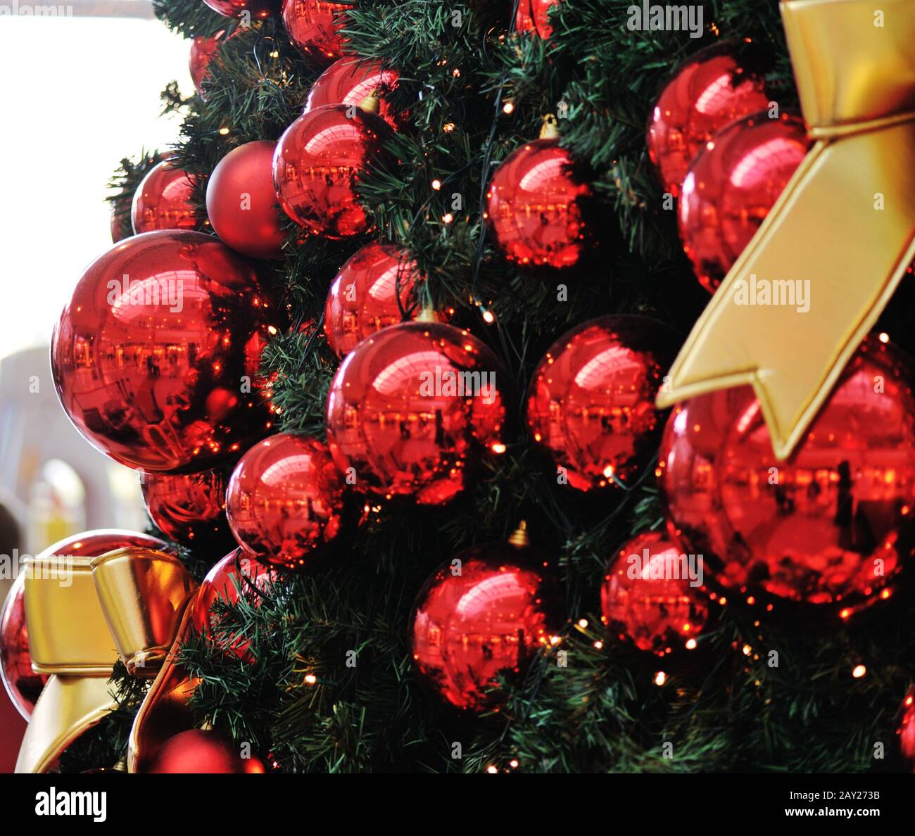 Christmas background with various of gifts and green fir tree Stock ...